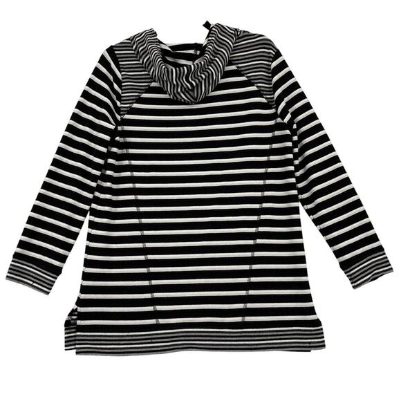 Chico's Zenergy Hooded Tunic Top Size 8/10 Black White Stripe Stretch Knit - Picture 6 of 10